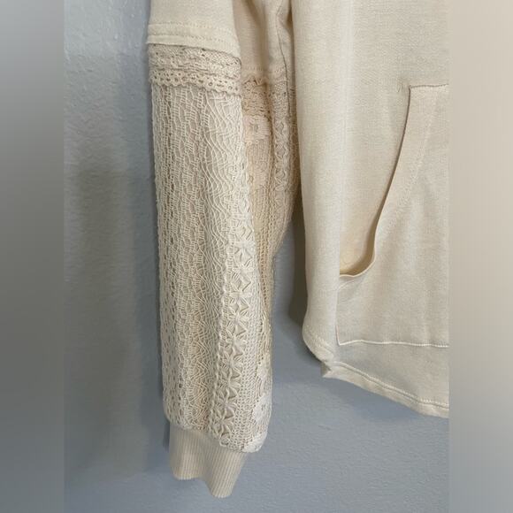 Rewind Lace Overlay Lightweight Pullover Hoodie Cream - Picture 3 of 5